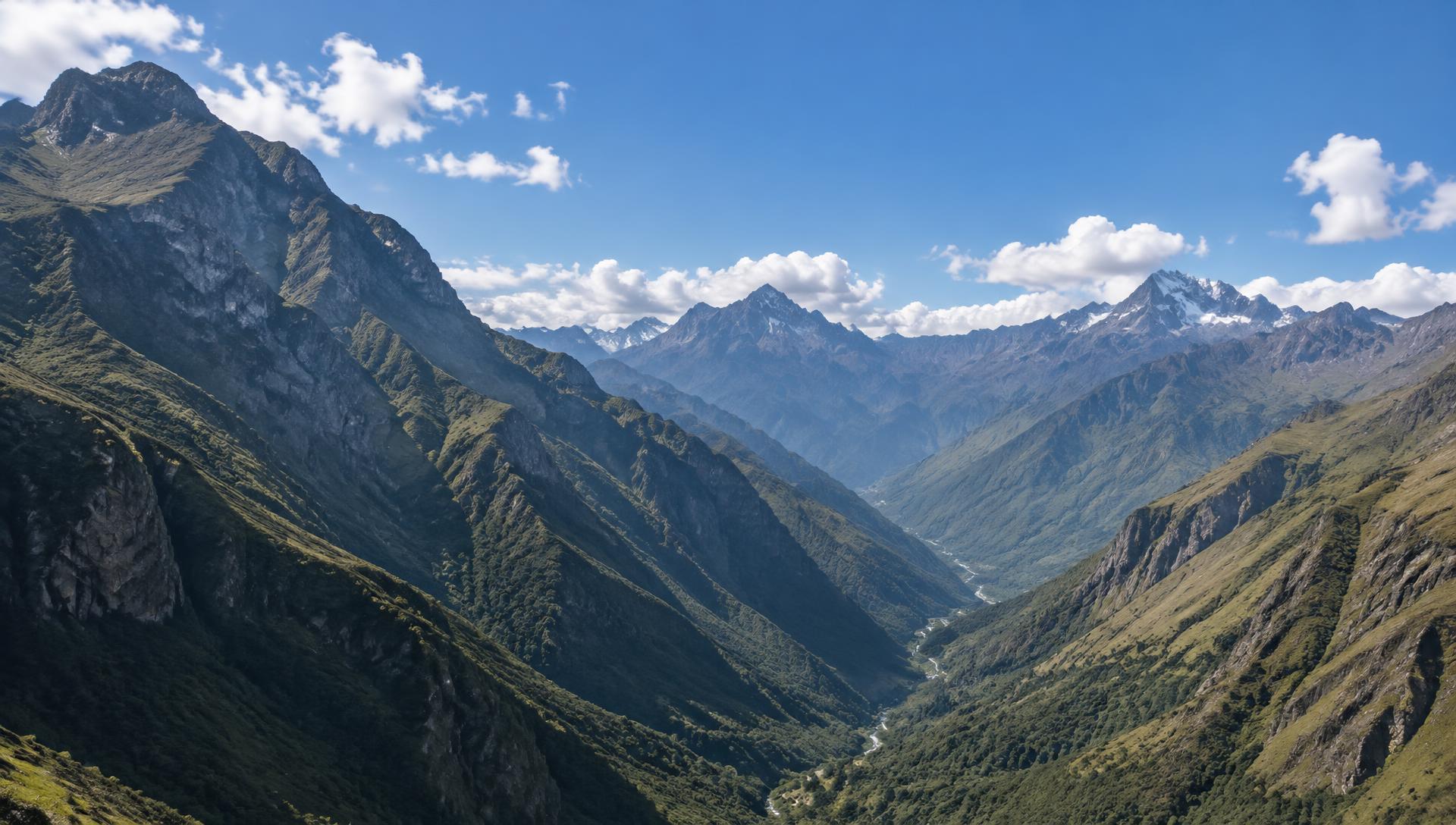 Sunlit mountain valley in the Peruvian Andes beneath a clear blue sky